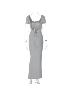 Lace Up U Neck Backless Short Sleeve Maxi Dress -Women's Clothing Shop P 20240221165520473 962