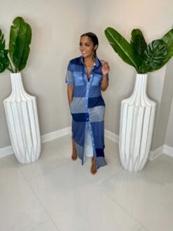 Colorblock Patchwork Single Breasted Short Sleeve Dress