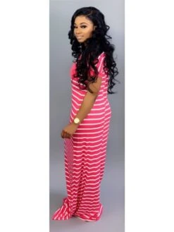 Striped High Rise Fitted Short Sleeve Maxi Dress -Women's Clothing Shop P 20240222113006367 304