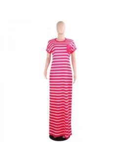 Striped High Rise Fitted Short Sleeve Maxi Dress -Women's Clothing Shop P 20240222113007699 373