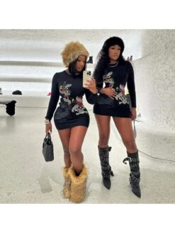 Skull Letter Printed Fitted Long Sleeves Dress