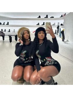 Skull Letter Printed Fitted Long Sleeves Dress -Women's Clothing Shop P 20240222114014887 585