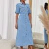 Denim A-line Single Breasted Short Sleeve Dress