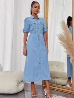 Denim A-line Single Breasted Short Sleeve Dress