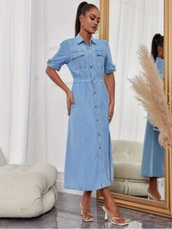 Denim A-line Single Breasted Short Sleeve Dress -Women's Clothing Shop P 20240222150003431 336