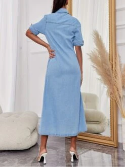 Denim A-line Single Breasted Short Sleeve Dress -Women's Clothing Shop P 20240222150004435 583