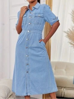 Denim A-line Single Breasted Short Sleeve Dress -Women's Clothing Shop P 20240222150005425 822