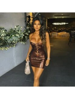 Metallic Bandage Halter Backless Mini Dress