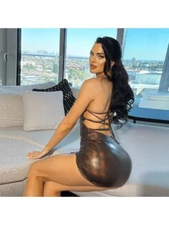 Metallic Bandage Halter Backless Mini Dress -Women's Clothing Shop P 20240227105520278 945