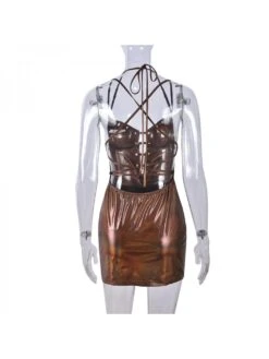 Metallic Bandage Halter Backless Mini Dress -Women's Clothing Shop P 20240227105523846 782
