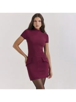 Patchwork Solid Color Slim Short Sleeve Dress -Women's Clothing Shop P 20240227170019773 933