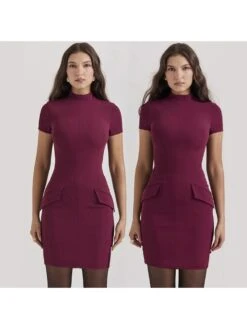 Patchwork Solid Color Slim Short Sleeve Dress -Women's Clothing Shop P 20240227170023060 547