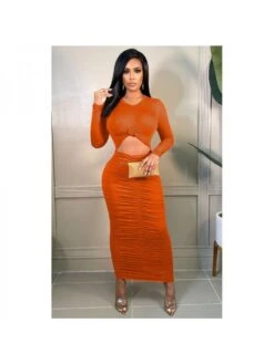 Ruched Crew Neck Cropped Long Sleeves Dress