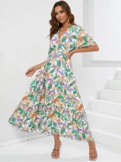 V Neck Batwing Sleeve High Rise Bohemian Short Sleeve Dress -Women's Clothing Shop P 20240302183003872 762