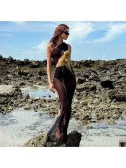 Flower Inclined Shoulder Perspective Maxi Dress