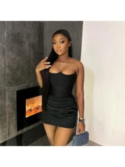 Patchwork Satin Strapless Mini Dress