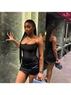 Patchwork Satin Strapless Mini Dress -Women's Clothing Shop P 20240308081503999 409