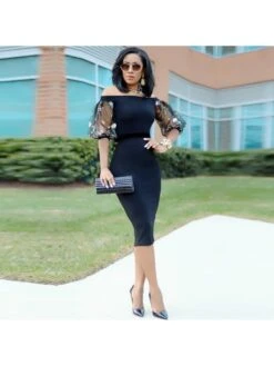 Boat Neck Off Shoulder Bodycon Puff Sleeve Mid Dress
