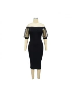 Boat Neck Off Shoulder Bodycon Puff Sleeve Mid Dress -Women's Clothing Shop P 20240311171012178 490