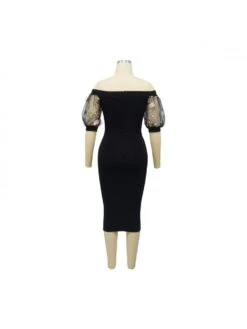Boat Neck Off Shoulder Bodycon Puff Sleeve Mid Dress -Women's Clothing Shop P 20240311171013828 703