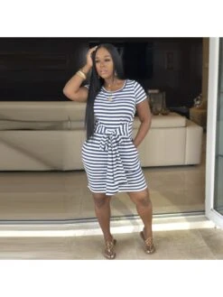 Striped Bodycon Short Sleeve Midi Dress -Women's Clothing Shop P 20240314154502550 792