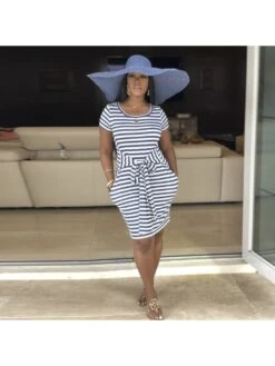 Striped Bodycon Short Sleeve Midi Dress -Women's Clothing Shop P 20240314154503168 346