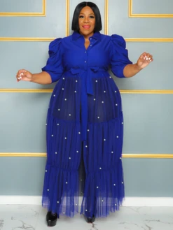 Faux Pearl Gauze Buckle Short Sleeve Dress