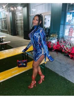 Colorblock Turtleneck Side Slit Bodycon Mini Dress