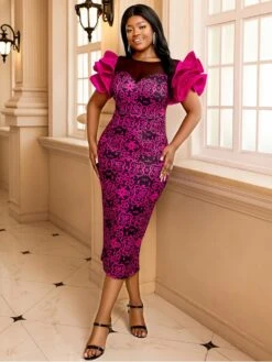 Patchwork Petal Sleeve Fitted Short Sleeve Dress -Women's Clothing Shop P 20240315114512905 836