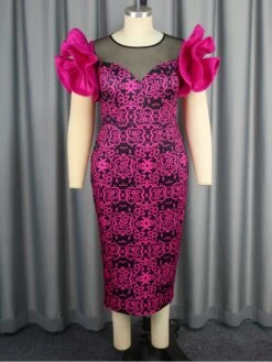 Patchwork Petal Sleeve Fitted Short Sleeve Dress -Women's Clothing Shop P 20240315114515350 880