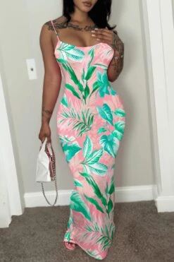 Leaves Printed Sleeveless Maxi Dress