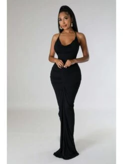 Ruched Halter Wing Neck Backless Maxi Dress