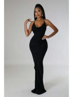 Ruched Halter Wing Neck Backless Maxi Dress -Women's Clothing Shop P 20240322094502915 320