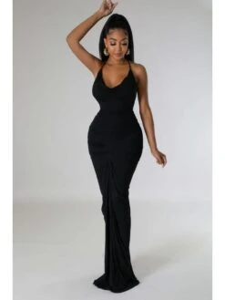 Ruched Halter Wing Neck Backless Maxi Dress -Women's Clothing Shop P 20240322094503626 233