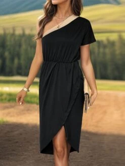 Colorblock Patchwork One-shoulder Midi Dress