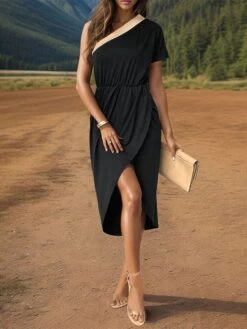 Colorblock Patchwork One-shoulder Midi Dress -Women's Clothing Shop P 20240322104503551 112