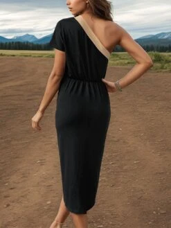 Colorblock Patchwork One-shoulder Midi Dress -Women's Clothing Shop P 20240322104505328 105