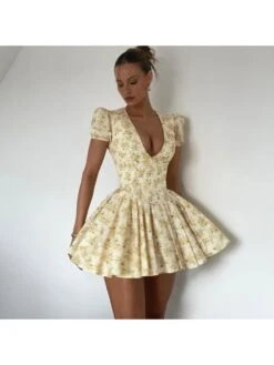 Floral Printed V Neck Pleated Dress -Women's Clothing Shop P 20240322180507249 811