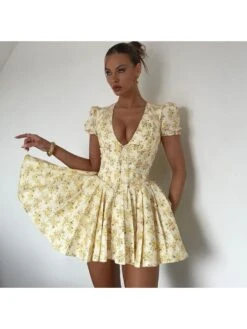 Floral Printed V Neck Pleated Dress -Women's Clothing Shop P 20240322180508474 132