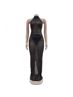 Sequin Patchwork Halter Backless Maxi Dress -Women's Clothing Shop P 20240322181003398 998