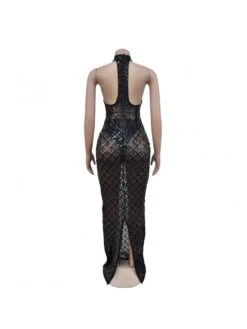 Sequin Patchwork Halter Backless Maxi Dress -Women's Clothing Shop P 20240322181005457 814