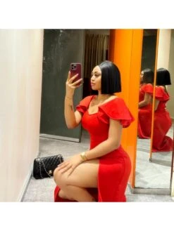 Square Neck Short Sleeve Fitted Short Sleeve Dress -Women's Clothing Shop P 20240325094511988 990