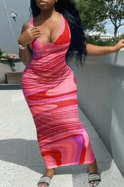 Colorblock Ripple U Neck Sleeveless Dress