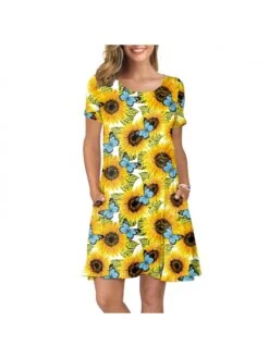 Print Short Sleeve Slit Pocket Bohemian Dress