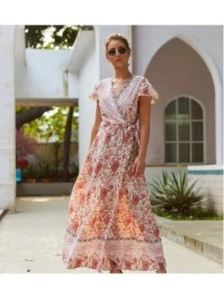 Print Split Hem V Neck Chiffon Short Sleeve Dress