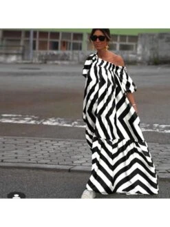 Striped Off Shoulder Short Sleeve Plus Size Maxi Dress -Women's Clothing Shop P 20240329145511118 700