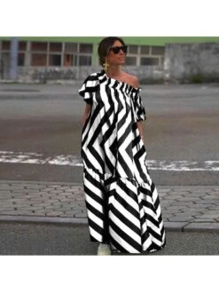 Striped Off Shoulder Short Sleeve Plus Size Maxi Dress -Women's Clothing Shop P 20240329145512025 313