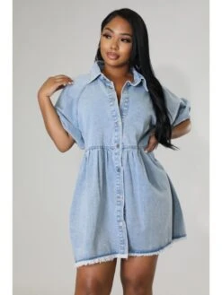 Solid Color Denim High Rise Short Sleeve Dress -Women's Clothing Shop P 20240329160518671 395