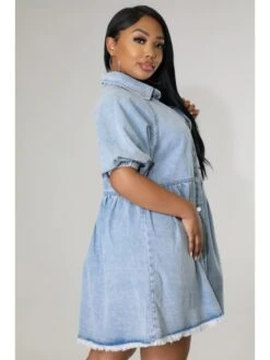 Solid Color Denim High Rise Short Sleeve Dress -Women's Clothing Shop P 20240329160519617 695