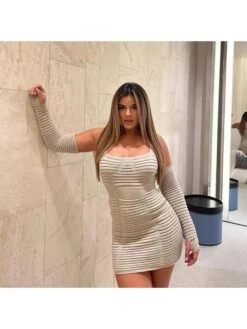 Knitted Mini Dress With Outer Sleeve -Women's Clothing Shop P 20240401124542592 223